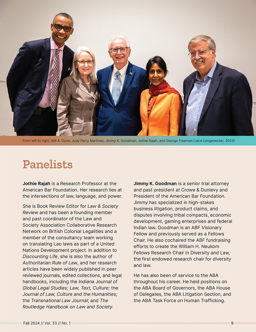 Two-page newsletter spread covering the panel discussion on necropolitical law, featuring pull quotes, editorial photography of the presenter and panel, and body text in the ABF's refreshed 2024 brand design