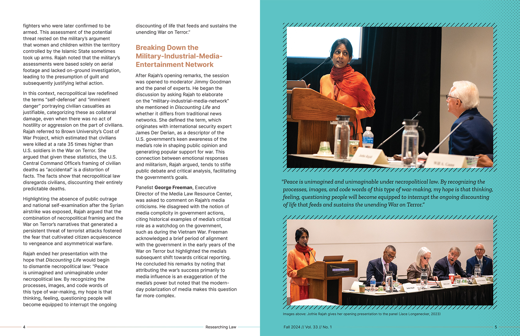 Two-page newsletter spread covering the panel discussion on necropolitical law, featuring pull quotes, editorial photography of the presenter and panel, and body text in the ABF's refreshed 2024 brand design