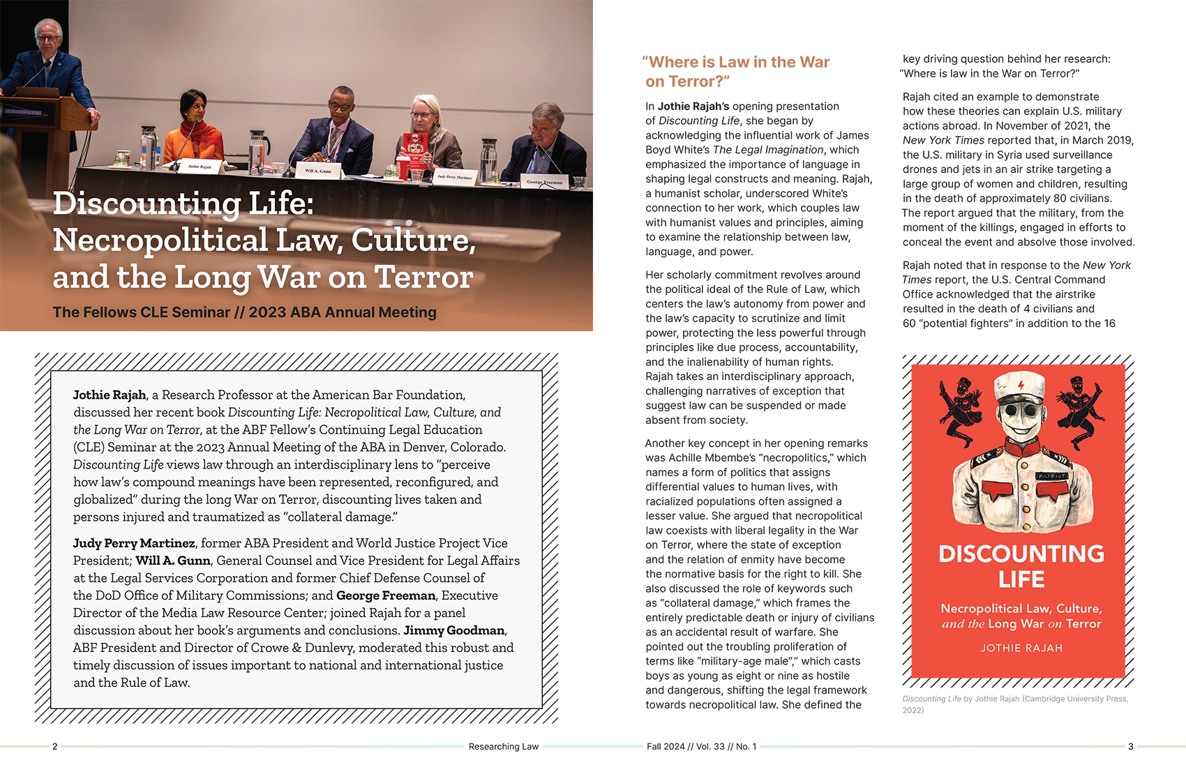 Two-page newsletter spread opening the Researching Law feature article "Discounting Life: Necropolitical Law, Culture, and the Long War on Terror," with a panelist photo, summary text, and book cover