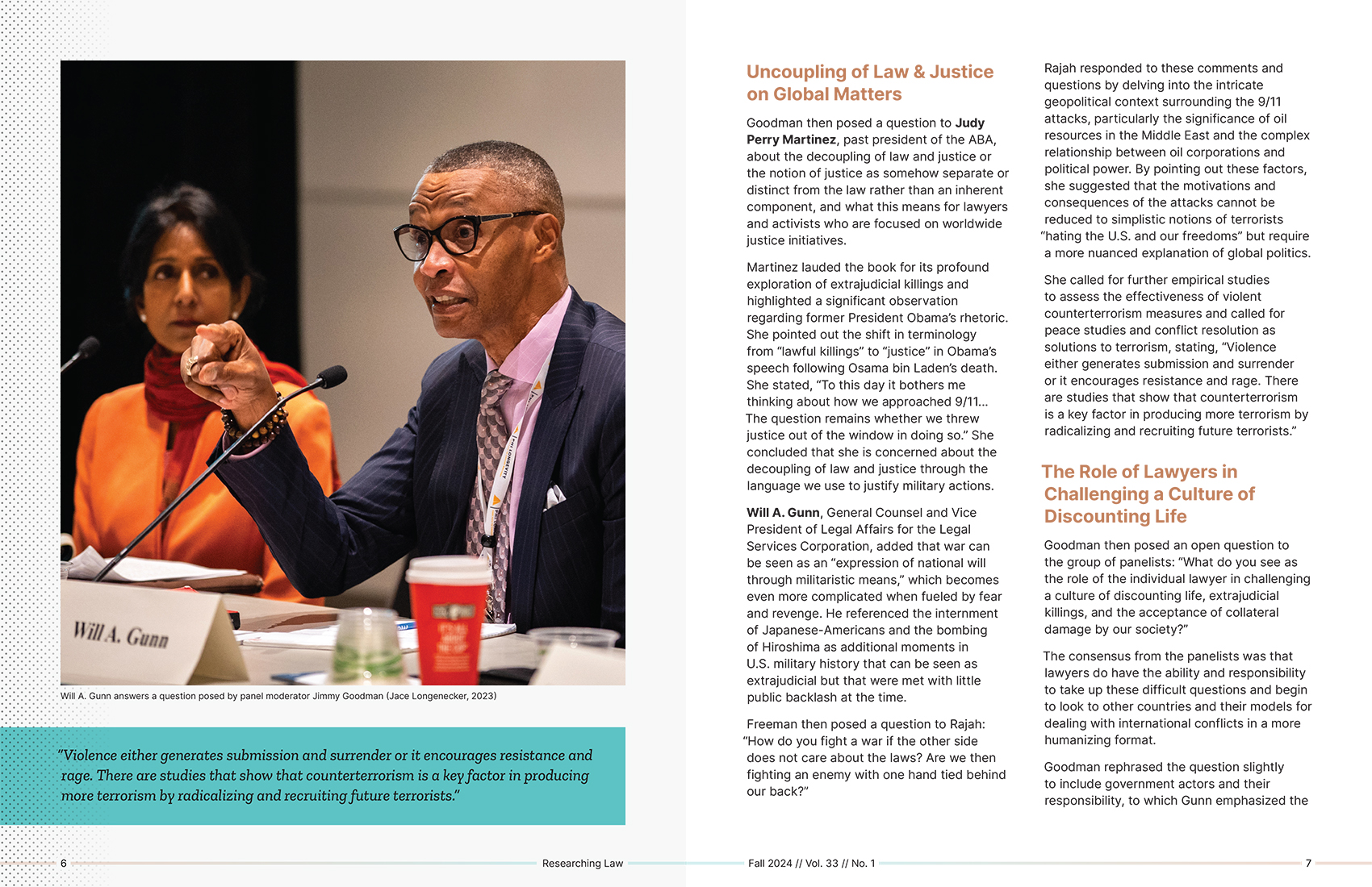 Two-page newsletter spread featuring panel discussion coverage with an editorial photo of panelist Will A. Gunn speaking, pull quotes, and editorial text in the ABF Researching Law redesigned layout
