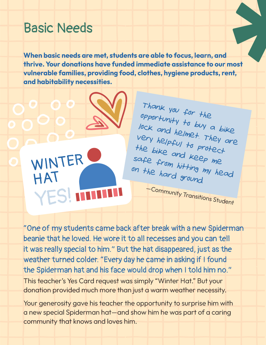 Basic Needs interior page from the 2025 Bellingham Public Schools Foundation Gratitude Report