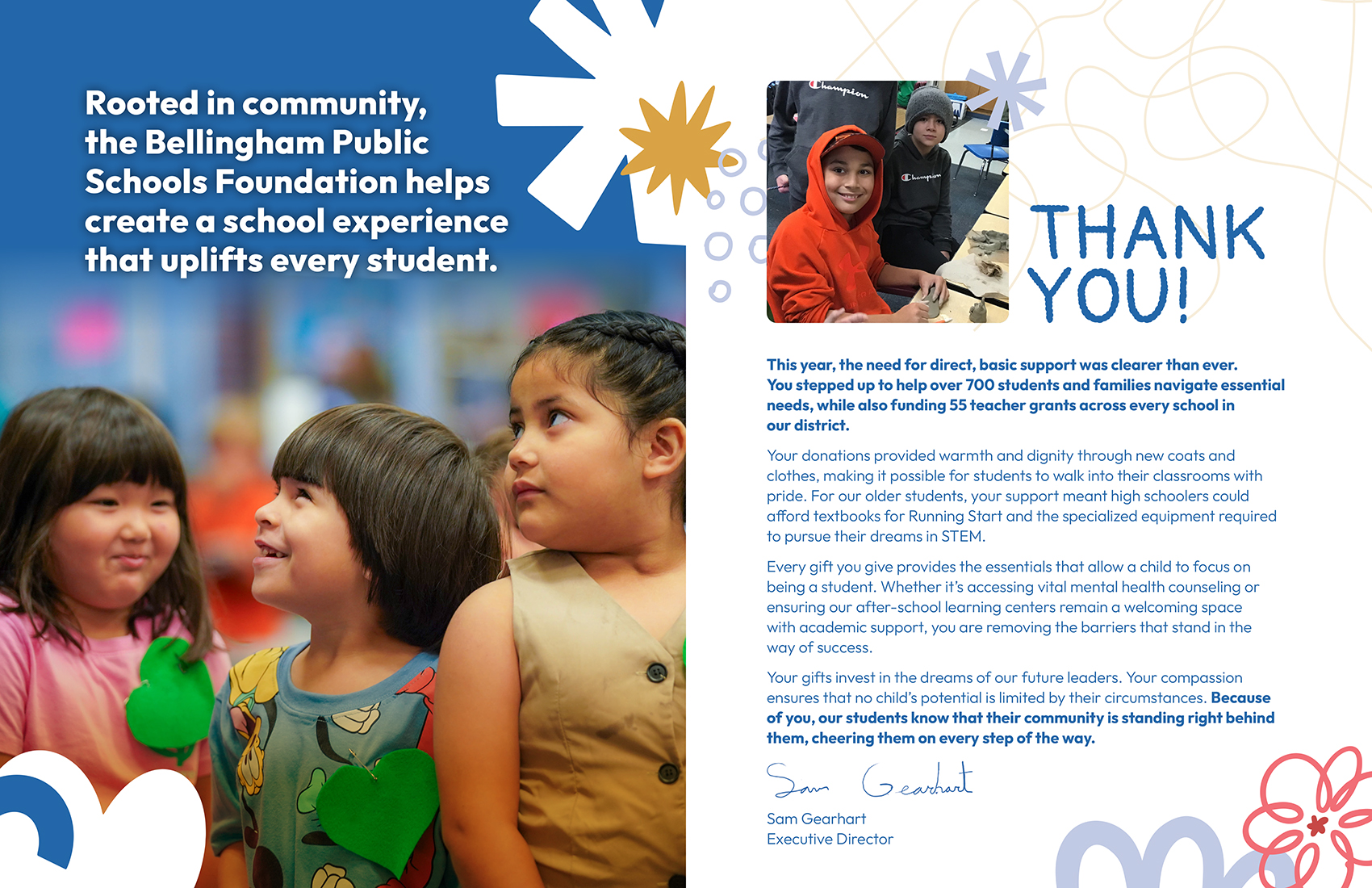 Interior spread of the 2025 BPSF Gratitude Report featuring a donor thank-you letter and student photography