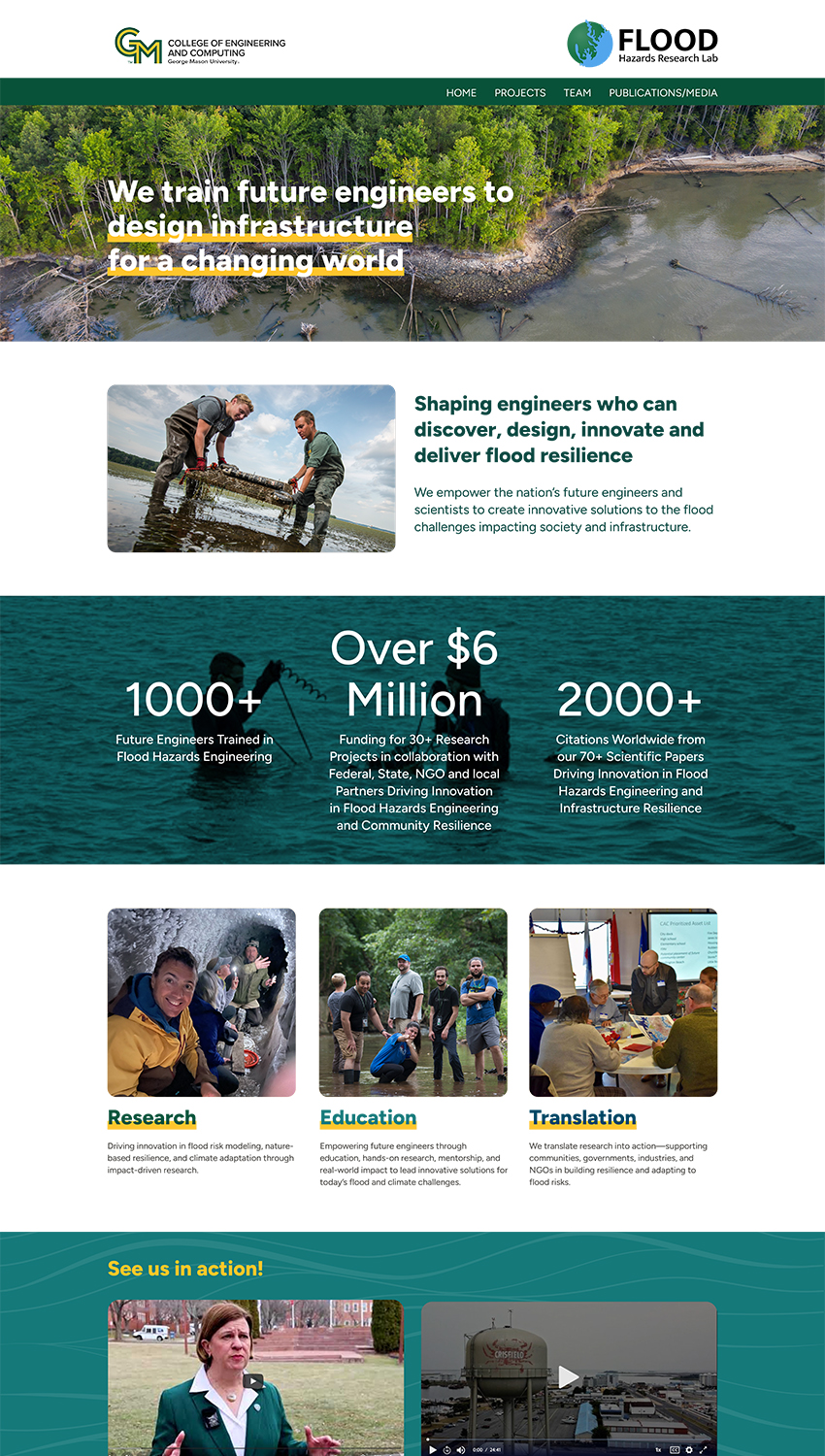 Full-page screenshot of the George Mason University Flood Hazards Research Lab WordPress website homepage, showing impact statistics, research areas, and field photography