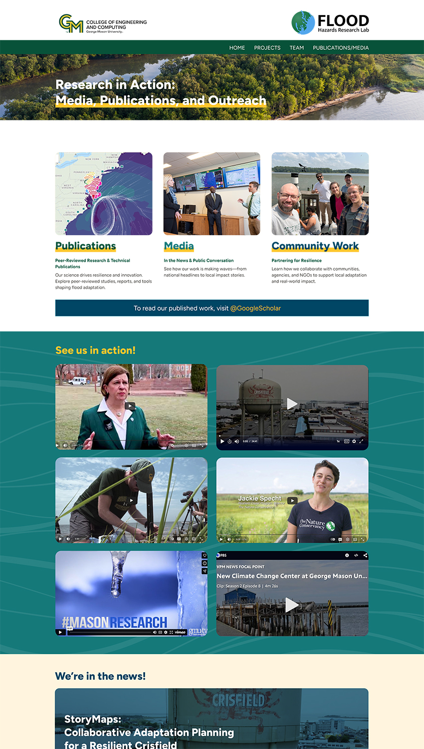 Screenshot of the FHRL Publications and Media page featuring research categories, embedded videos, and a news section highlighting flood resilience projects and community outreach