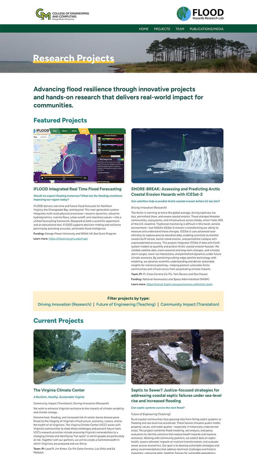 Screenshot of the FHRL Research Projects page featuring iFLOOD real-time flood forecasting, Arctic coastal erosion research, and filterable current projects across research, teaching, and translation