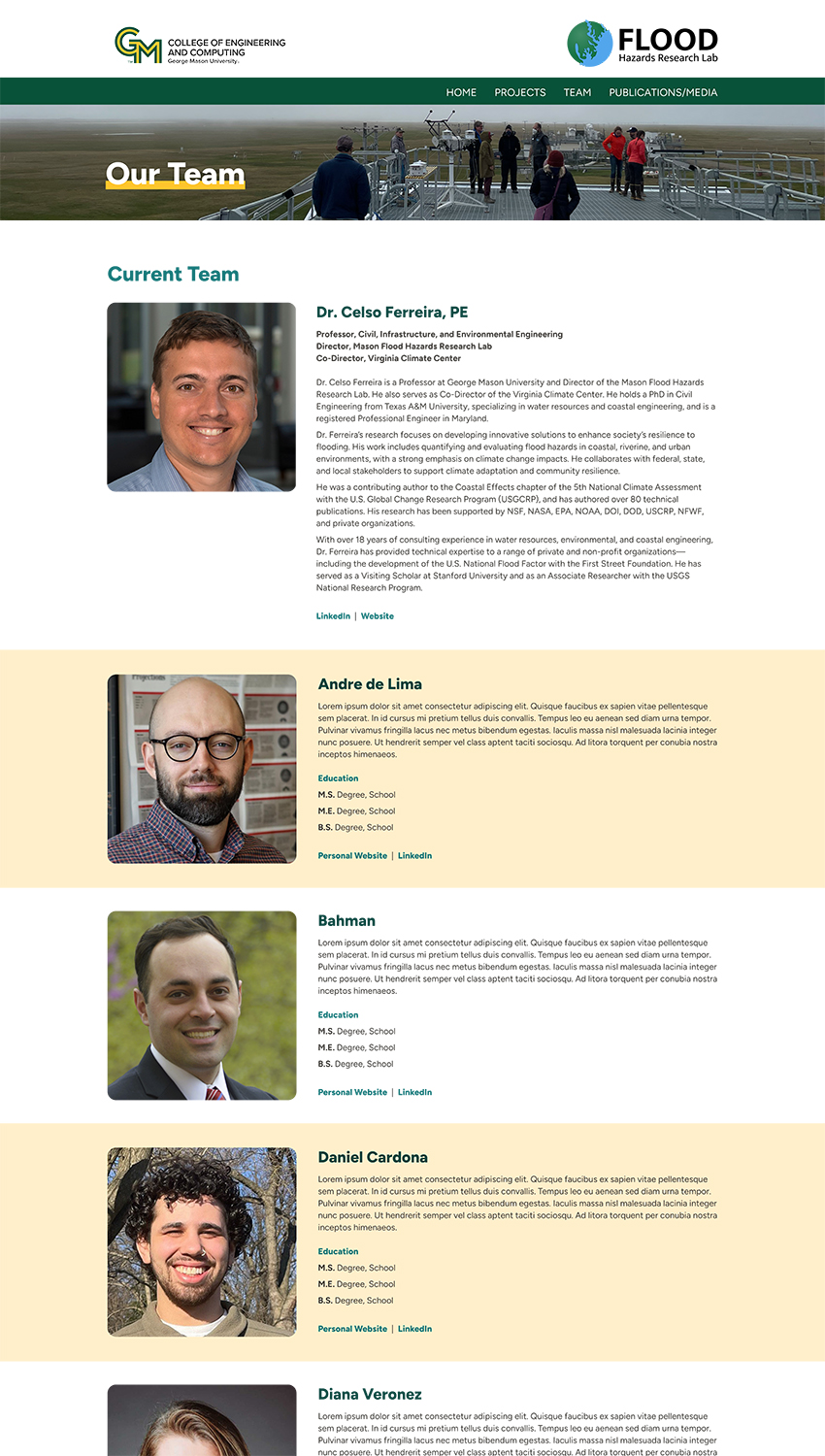 Screenshot of the FHRL Our Team page featuring faculty director Dr. Celso Ferreira and graduate research team members with bios, education credentials, and LinkedIn links Want any adjustments before we move on?