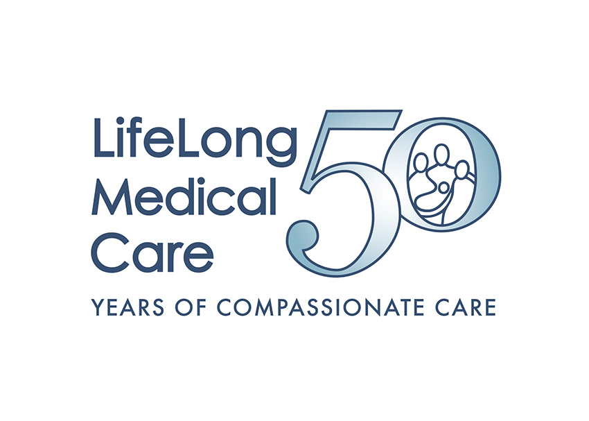 LifeLong Medical Care 50th anniversary logo featuring the tagline "Years of Compassionate Care," with the number 50 incorporating the organization's signature family care icon inside the zero