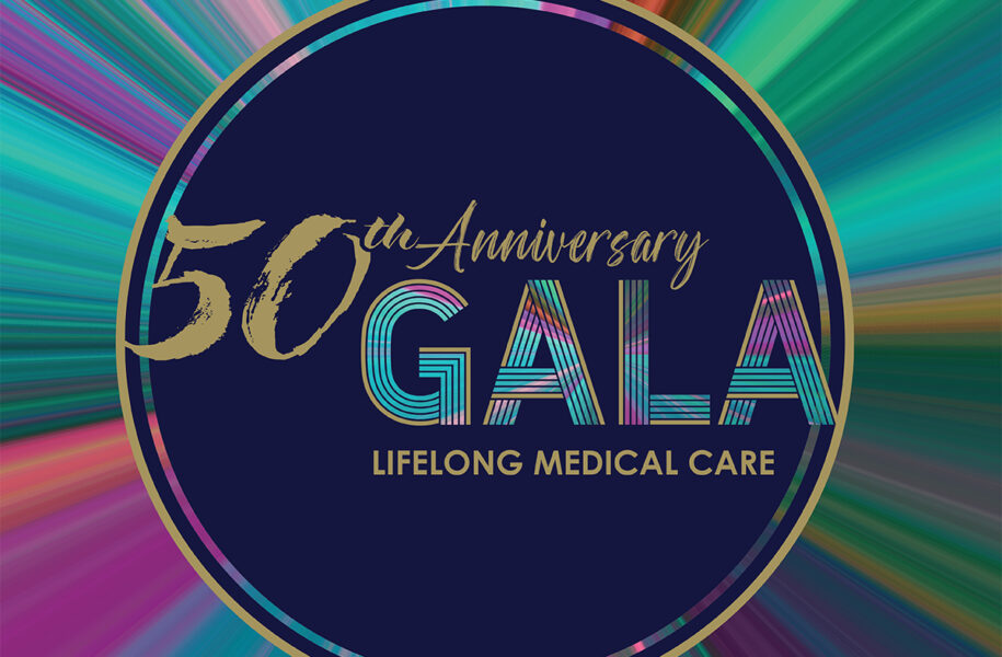 LifeLong Medical Care 50th Anniversary Gala event logo in navy and gold with multicolor retro-stripe lettering, set against a vibrant starburst background in teal, purple, and coral