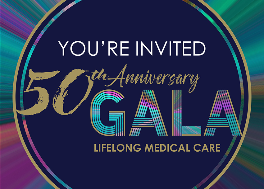 LifeLong Medical Care 50th Anniversary Gala invitation cover reading "You're Invited," featuring the gala logo in navy and gold with a colorful starburst background