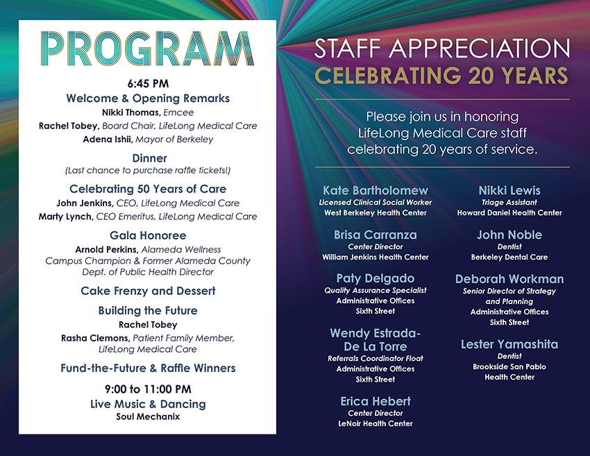 LifeLong Medical Care 50th Anniversary Gala program spread showing the evening agenda and a staff appreciation list honoring employees celebrating 20 years of service