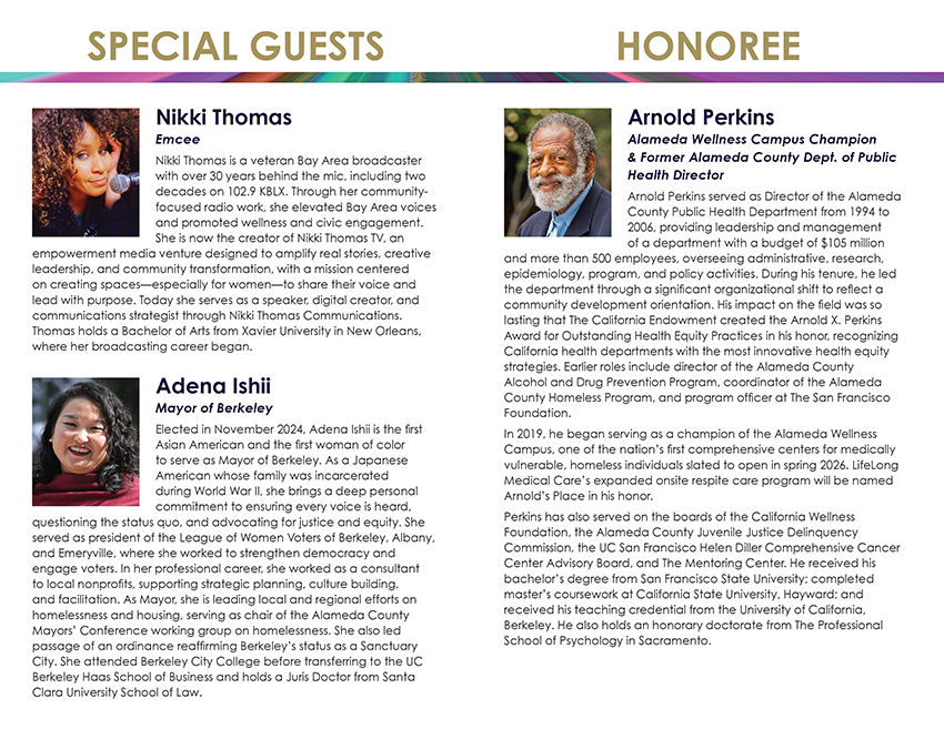 LifeLong Medical Care 50th Anniversary Gala program spread featuring bios for emcee Nikki Thomas, Mayor of Berkeley Adena Ishii, and gala honoree Arnold Perkins, former Alameda County Public Health Director