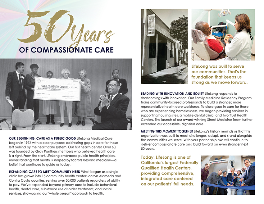 LifeLong Medical Care gala program history spread titled "50 Years of Compassionate Care," featuring a vintage photo of the Over 60 Health Center founding and text about the organization's growth into one of California's largest Federally Qualified Health Centers Want any adjustments?