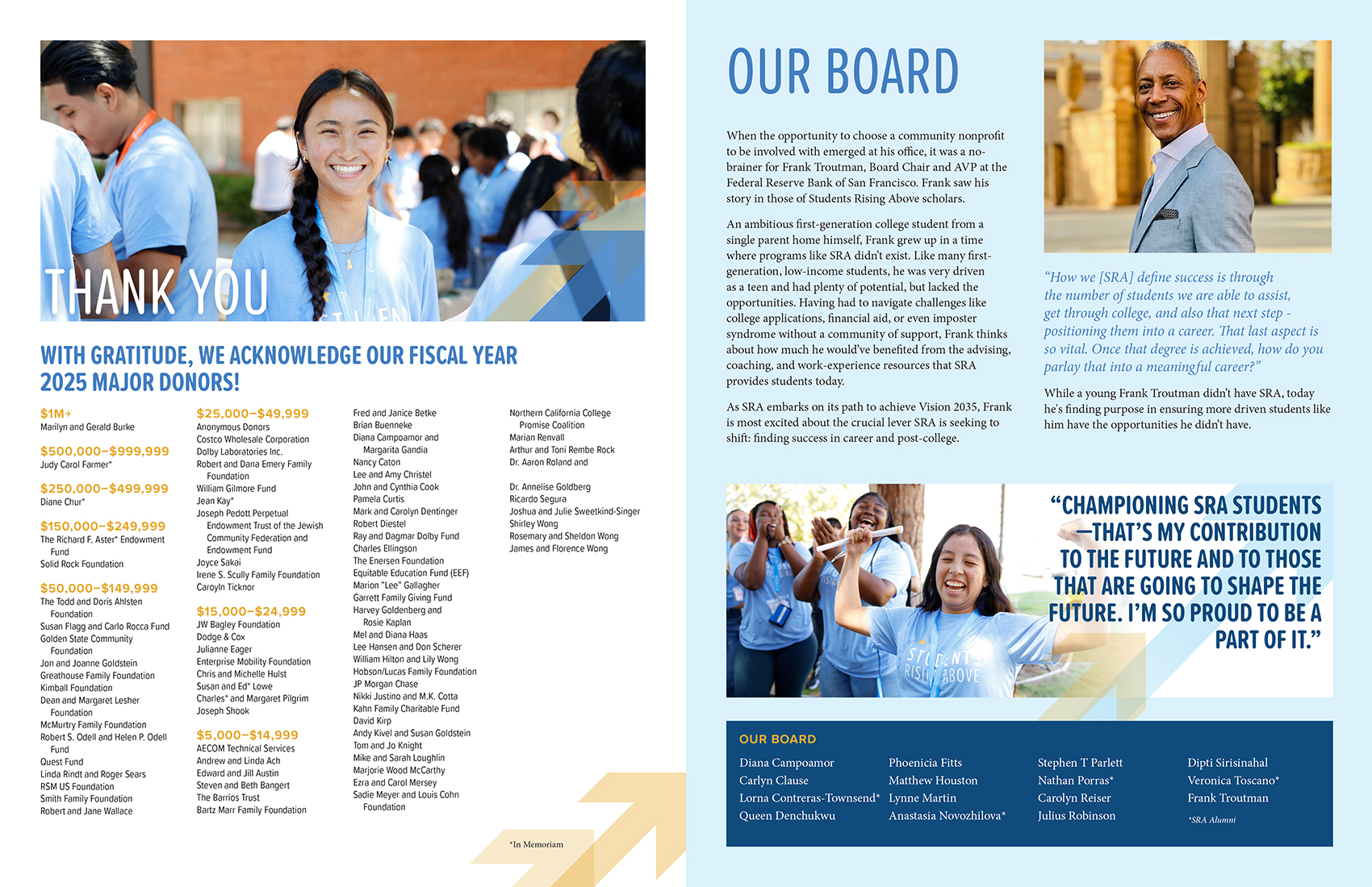 Students Rising Above donor recognition page listing fiscal year 2025 major donors alongside a profile of board chair Frank Troutman, AVP at the Federal Reserve Bank of San Francisco