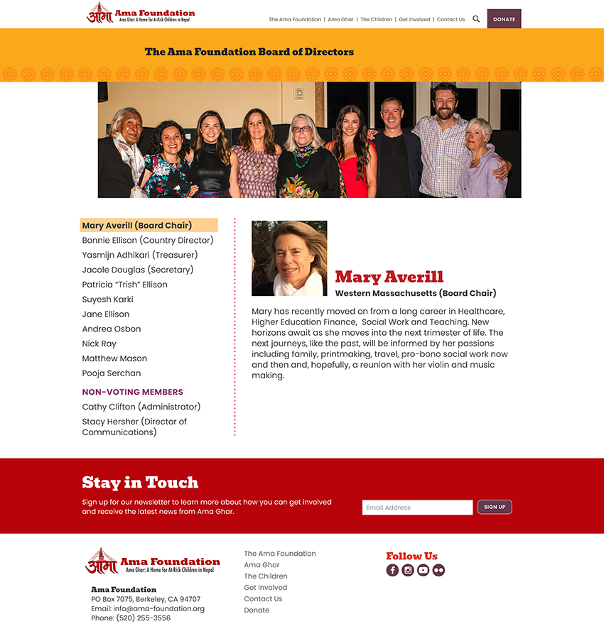 Screenshot of the Ama Foundation Board of Directors page showing a group photo of board members and an interactive bio section featuring Board Chair Mary Averill, with the organization's red and gold brand design
