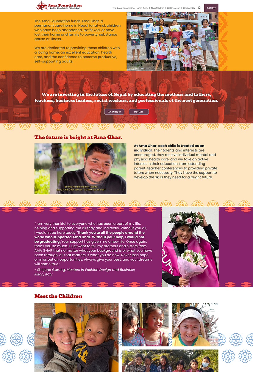 Screenshot of the Ama Foundation website homepage showing the organization's mission statement, children's artwork photo, donor impact quote, and Meet the Children photo gallery with Nepali-inspired decorative border patterns