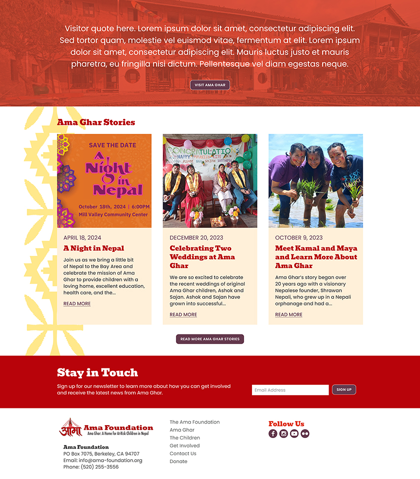 Screenshot of the lower Ama Foundation homepage featuring Ama Ghar Stories news cards, a visitor quote section, and a Stay in Touch email signup footer in the organization's red and gold brand colors