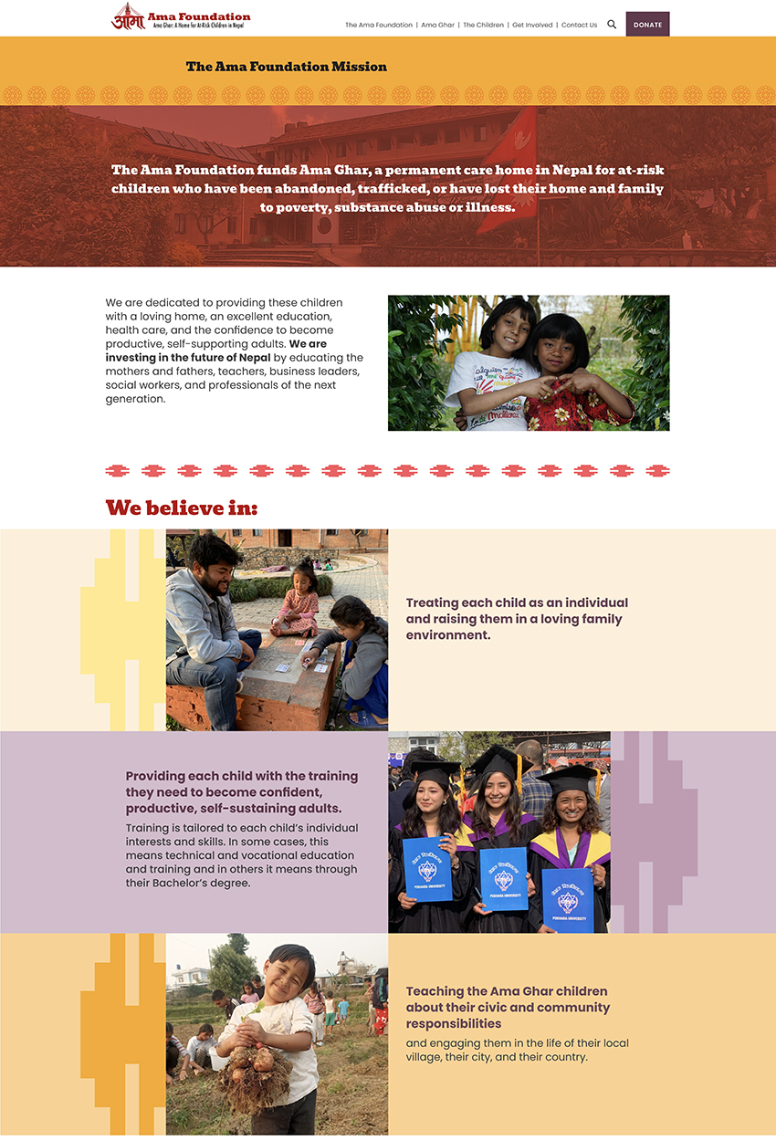 Screenshot of the Ama Foundation Mission page featuring the organization's core beliefs — treating each child as an individual, providing education and training, and teaching civic responsibility — with alternating photo and text sections