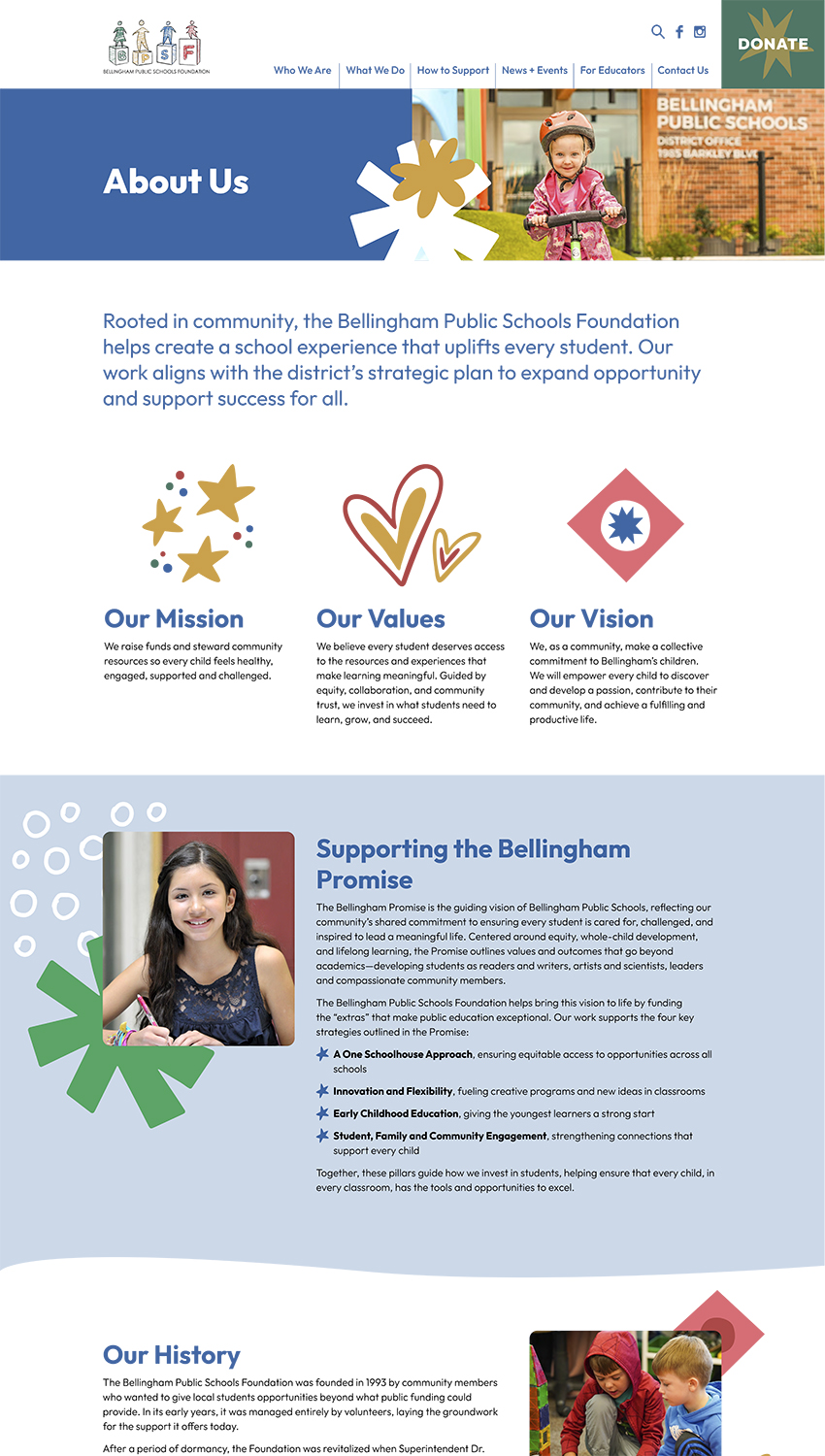 Screenshot of the Bellingham Public Schools Foundation's About Us page, featuring the organization's mission, values, and vision statements, along with information about the Bellingham Promise and the Foundation's history since 1993.