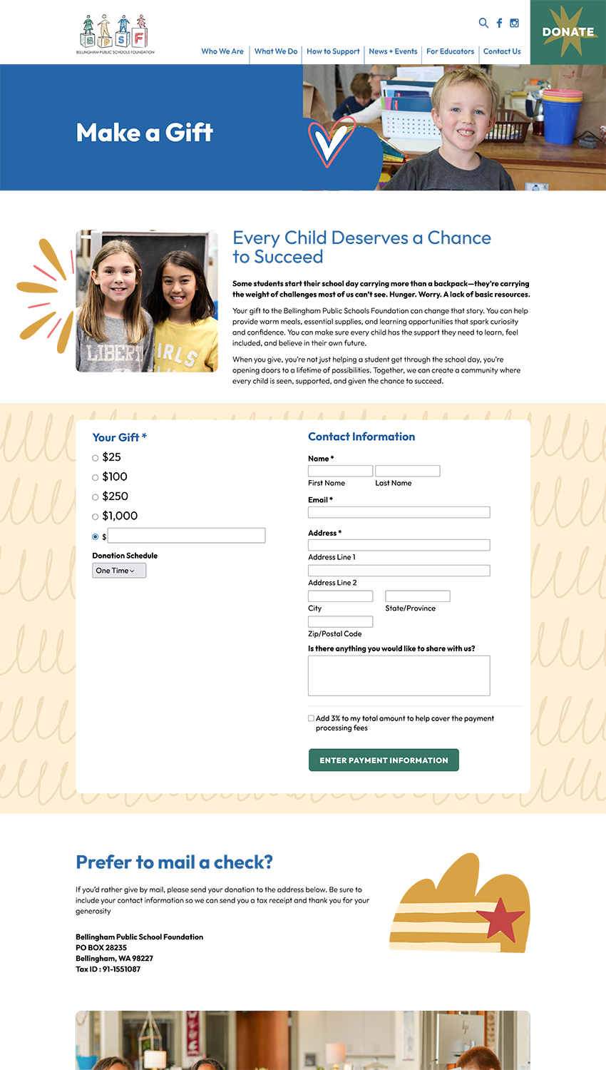 Screenshot of the Bellingham Public Schools Foundation's Make a Gift donation page, featuring a photo of two smiling girls, a headline reading "Every Child Deserves a Chance to Succeed," and an online donation form with giving options from $25 to $1,000.