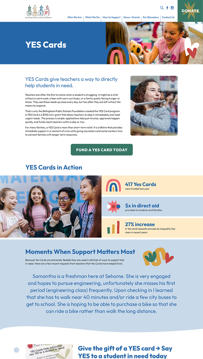 Screenshot of the Bellingham Public Schools Foundation's YES Cards page, explaining that YES Cards are $100 mini-grants that allow teachers to immediately meet students' urgent needs, with impact stats showing 417 YES Cards funded last year and a 27% increase in requests.