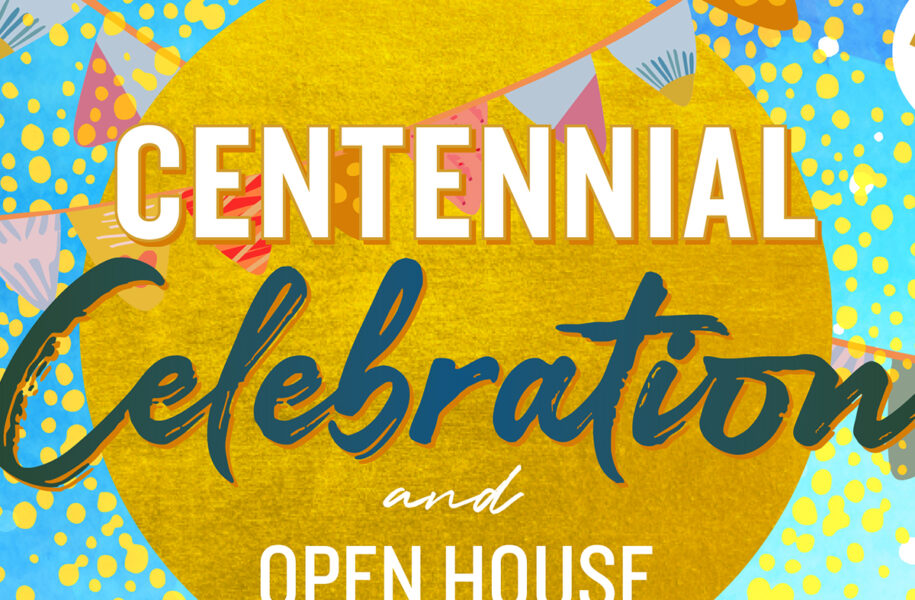 Square crop of the Camp Fire Long Beach Centennial Celebration and Open House flyer, highlighting the festive gold sunburst, colorful bunting, and bold typographic headline