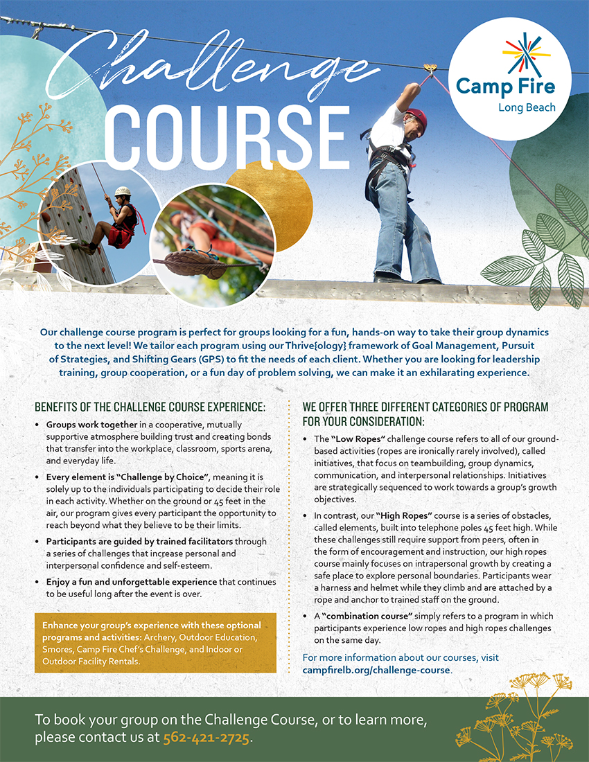 Camp Fire Long Beach Challenge Course program flyer featuring aerial and climbing photos, with descriptions of low ropes, high ropes, and combination course options for group teambuilding experiences