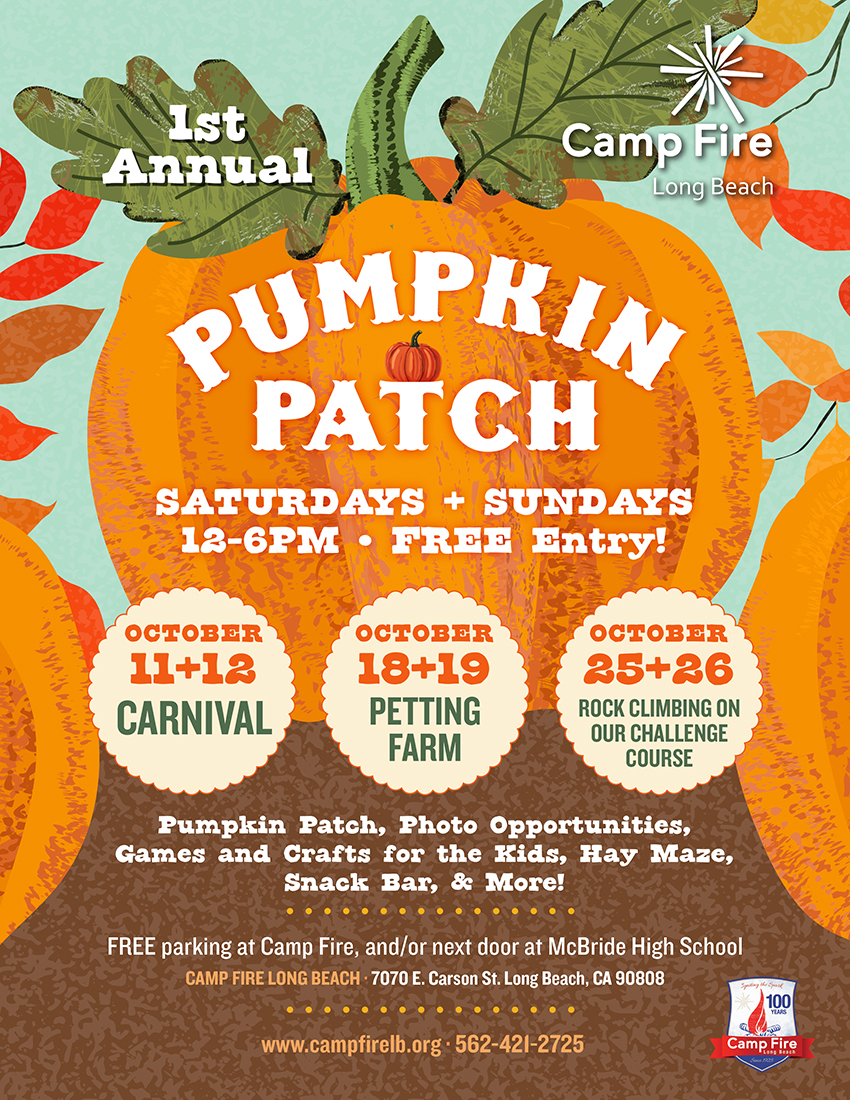 Camp Fire Long Beach 1st Annual Pumpkin Patch event flyer with illustrated pumpkins and fall foliage, listing three October weekends of activities including a carnival, petting farm, and challenge course rock climbing Image 5 — Fall Fiesta Invitation Camp Fire Long Beach Fall Fiesta Dinner and Auction invitation for the Centennial Celebration on November 8 at Lakewood Country Club, featuring colorful watercolor paper fan decorations on a teal background Ready for the next project?You said: these images too please.these images too please.4:31 PMClaude responded: Image 1 — Featured (square)Image 1 — Featured (square) Square crop of the Camp Fire Long Beach Centennial Celebration and Open House flyer, highlighting the festive gold sunburst, colorful bunting, and bold typographic headline Image 2 — Header (wide) Wide-format banner crop of the Camp Fire Long Beach Centennial Celebration flyer, featuring the gold sunburst, colorful party bunting, and script and bold typography on a bright blue confetti background Ready for the next project?