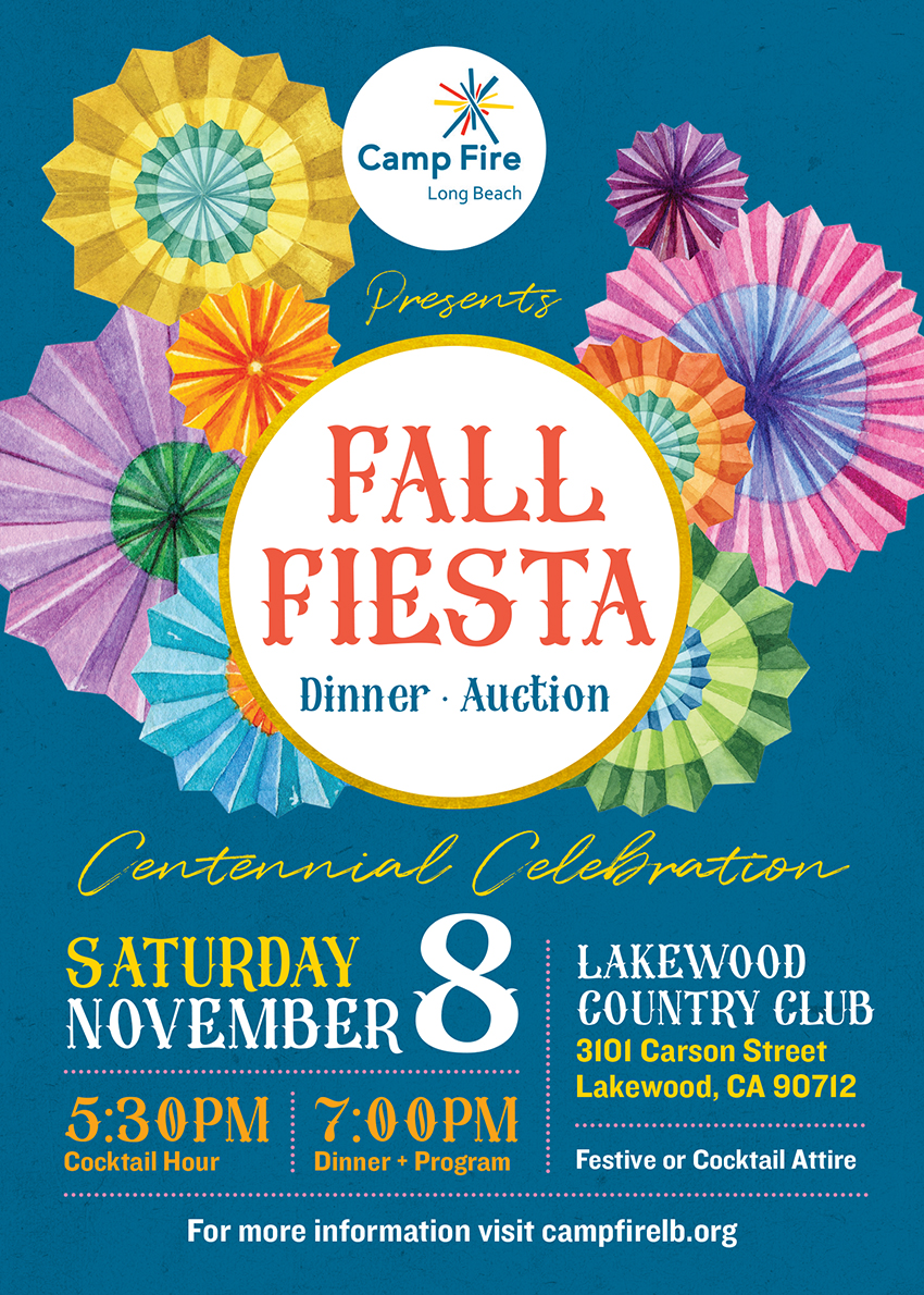 Camp Fire Long Beach Fall Fiesta Dinner and Auction invitation for the Centennial Celebration on November 8 at Lakewood Country Club, featuring colorful watercolor paper fan decorations on a teal background
