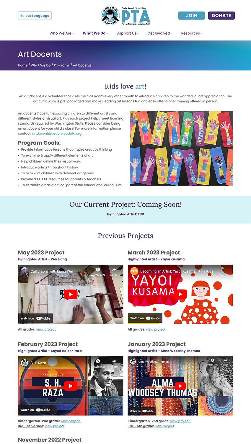 Screenshot of the Cedar Wood PTA Art Docents program page featuring program goals, embedded YouTube videos of past artist studies including Wei Liang, Yayoi Kusama, S.H. Raza, and Alma Woodsey Thomas, and a photo of colorful student hand art projects