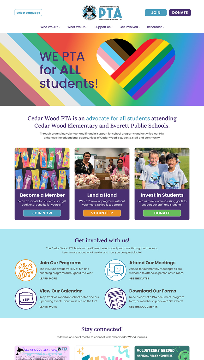 Screenshot of the Cedar Wood PTA homepage featuring the "WE PTA for ALL students" pride banner, three action tiles for joining, volunteering, and donating, and a Get Involved section with program and calendar links