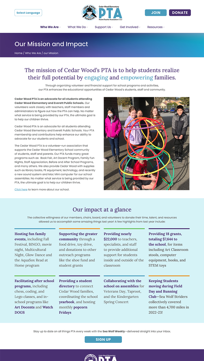 Screenshot of the Cedar Wood PTA Mission and Impact page highlighting annual achievements including hosting family events, providing $22,000 in teacher grants, running after-school programs, and students collectively running 4,700 miles in the Sea Wolf Striders club