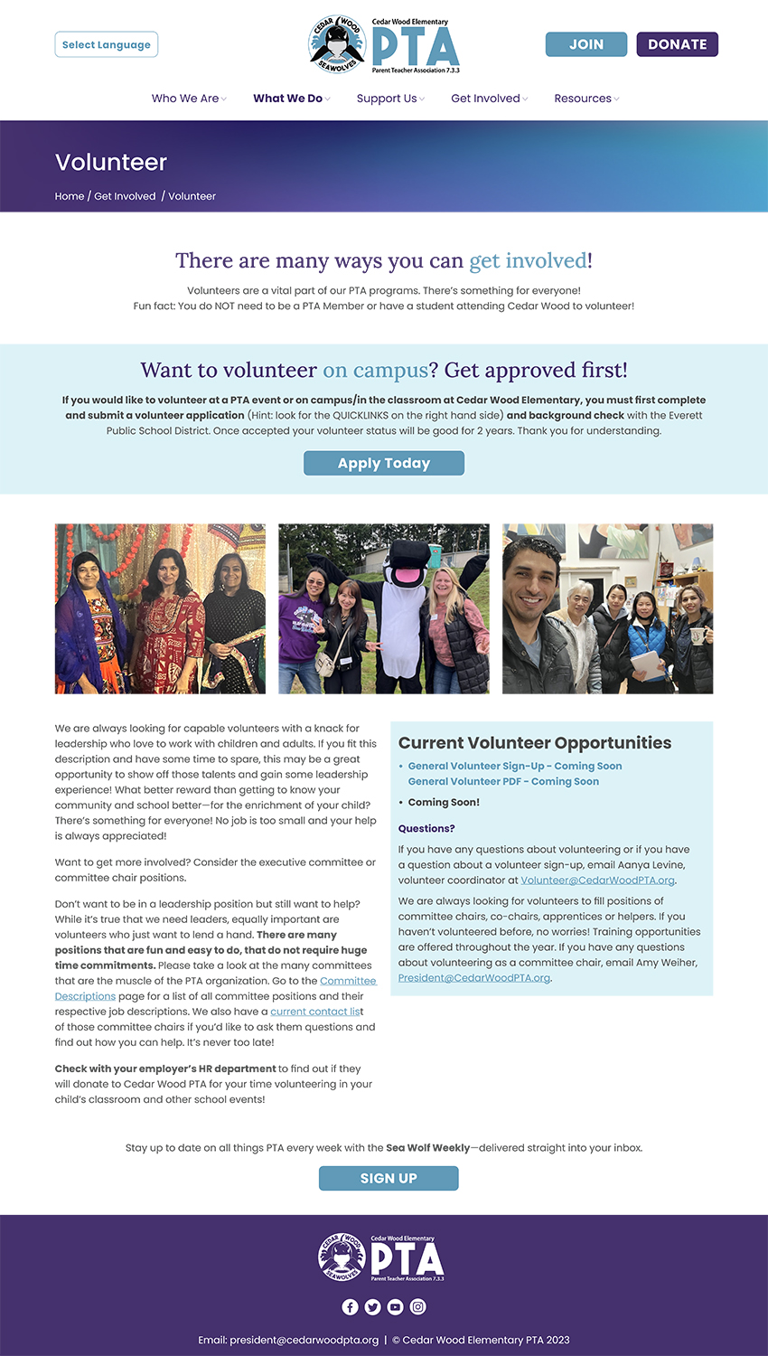 Screenshot of the Cedar Wood PTA Volunteer page explaining the campus volunteer approval process, current volunteer opportunities, and featuring photos of parent volunteers at school events