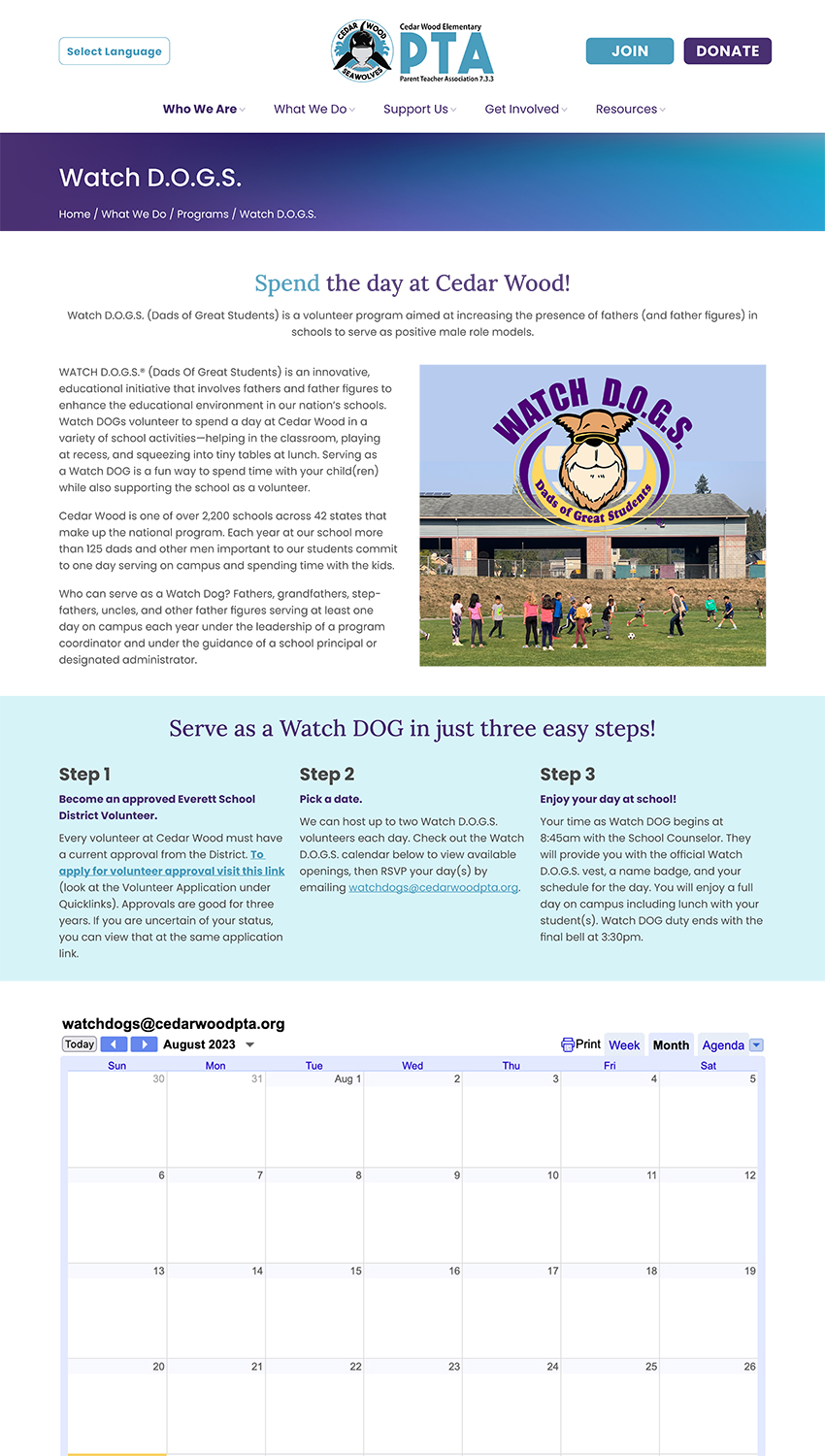 Screenshot of the Cedar Wood PTA Watch D.O.G.S. (Dads of Great Students) program page with a three-step sign-up process, the national Watch DOGS logo, a photo of students on the playground, and an embedded volunteer scheduling calendar