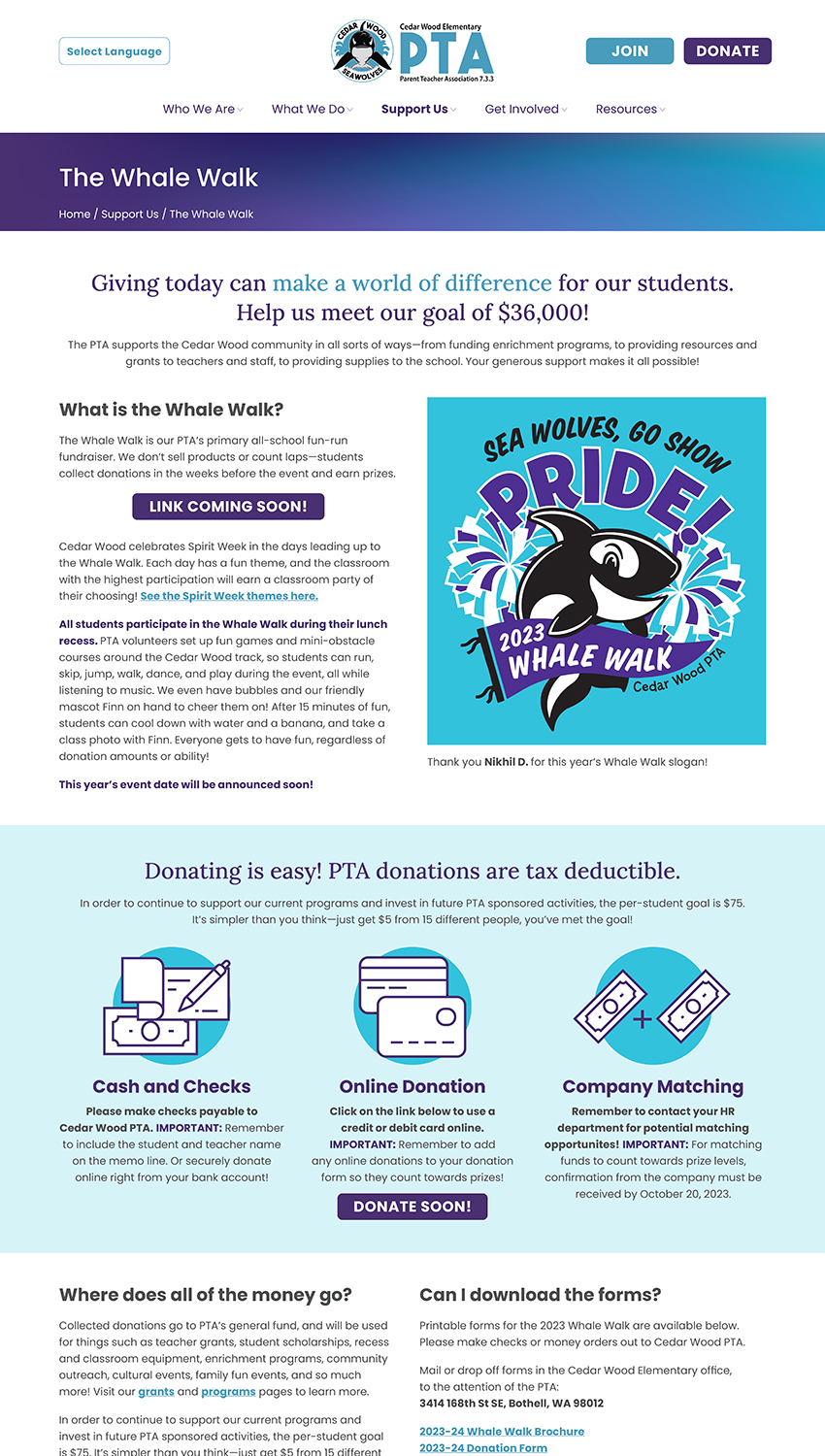 Screenshot of the Cedar Wood PTA Whale Walk fundraiser page explaining the school fun run format, donation options including cash, online, and company matching, and featuring the 2023 Whale Walk logo with the school's orca mascot Finn