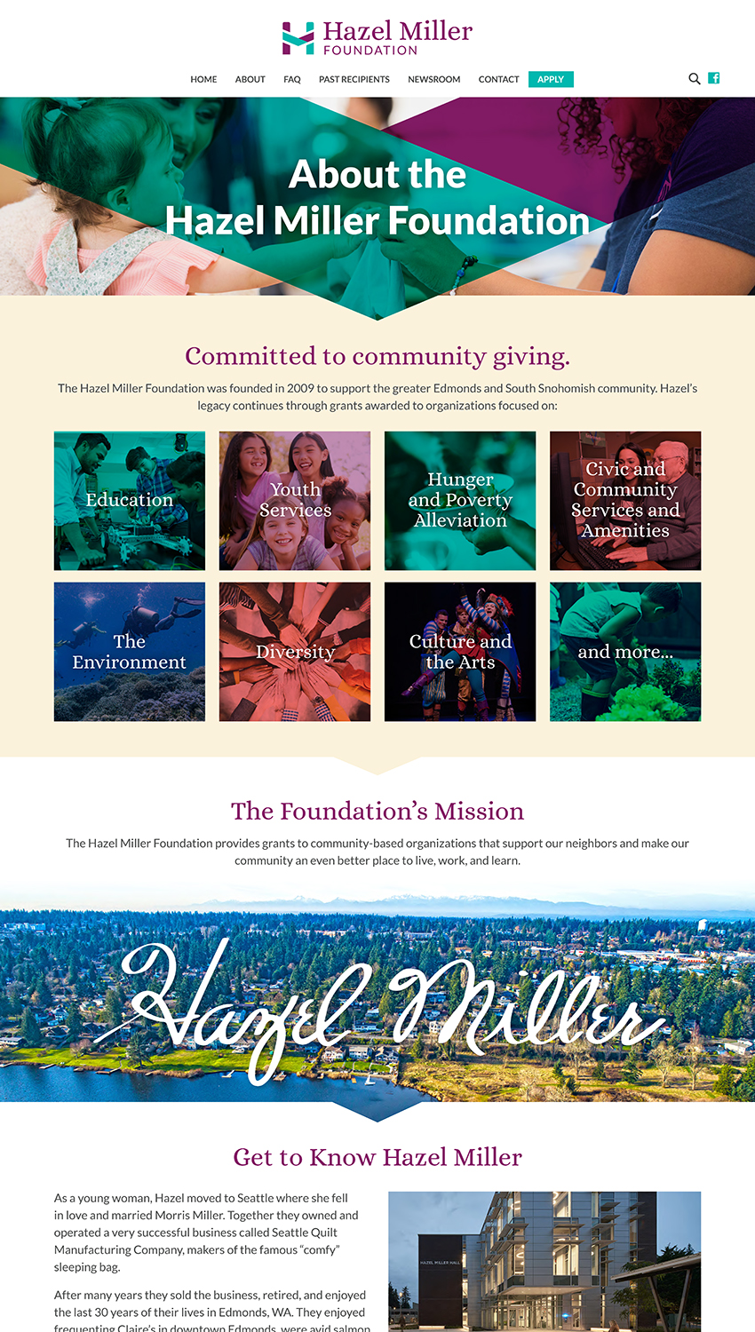 Screenshot of the Hazel Miller Foundation About page showing the Foundation's eight grant focus areas as photo tiles, mission statement, and a section featuring Hazel Miller's signature overlaid on an aerial photo of Edmonds, Washington
