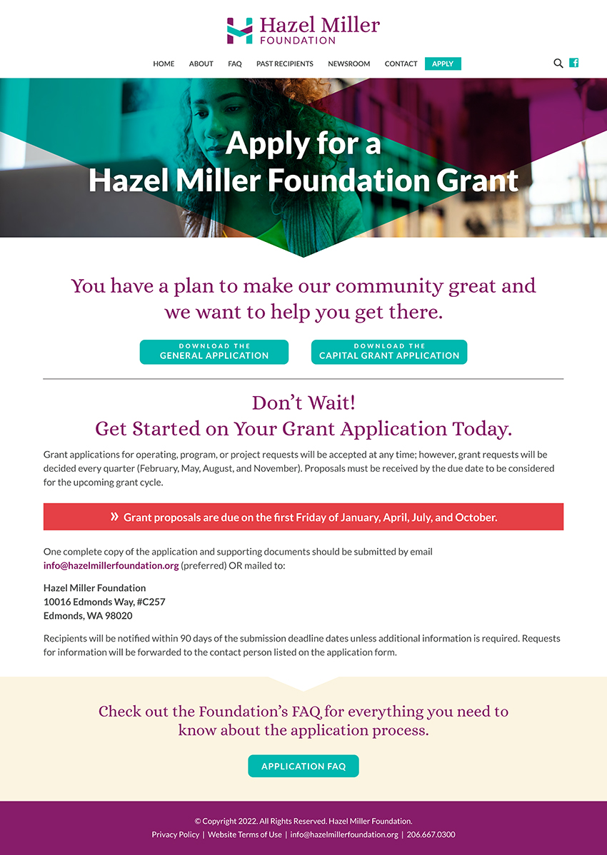 Screenshot of the Hazel Miller Foundation Grant Application page with download buttons for the general and capital grant applications, deadline information, and a call-to-action headline reading "You have a plan to make our community great and we want to help you get there"