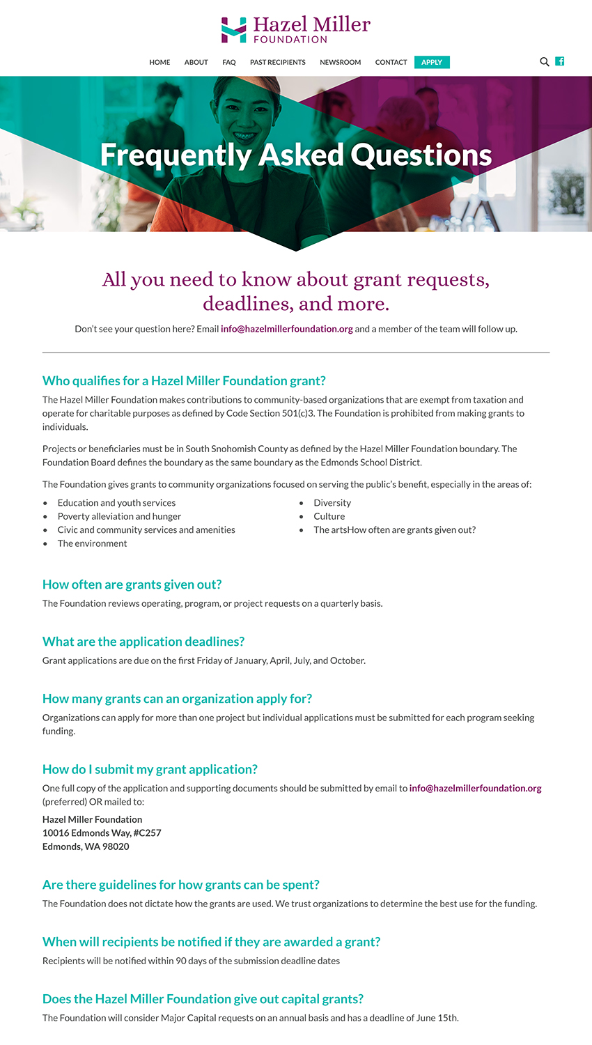 Screenshot of the Hazel Miller Foundation Frequently Asked Questions page covering grant eligibility, application deadlines, submission process, spending guidelines, and capital grant information