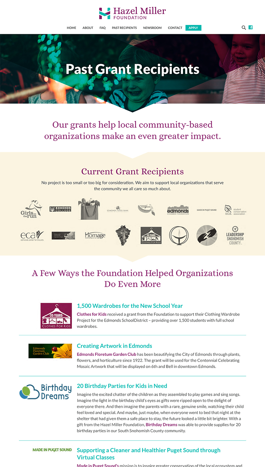 Screenshot of the Hazel Miller Foundation Past Grant Recipients page featuring a logo wall of funded organizations and impact stories from Clothes for Kids, Edmonds Floretum Garden Club, Birthday Dreams, and Made in Puget Sound