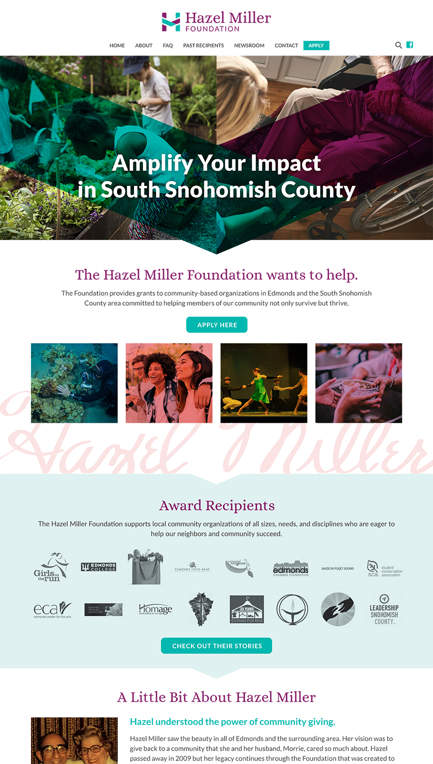 Screenshot of the Hazel Miller Foundation homepage with the headline "Amplify Your Impact in South Snohomish County," featuring grant focus area photos, Hazel Miller's signature watermark, a grid of past recipient logos, and a brief biography of Hazel Miller