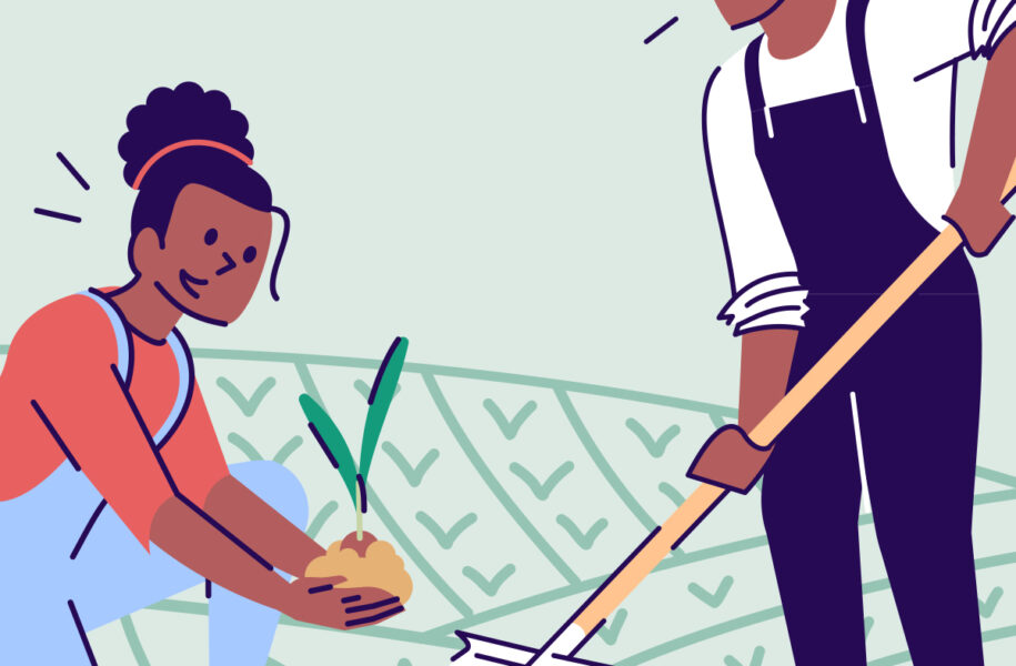 Square crop of a flat-style illustration showing two Black farmers planting a seedling in a field, used as the featured image for the Farmer's Food as Medicine public health infographic series