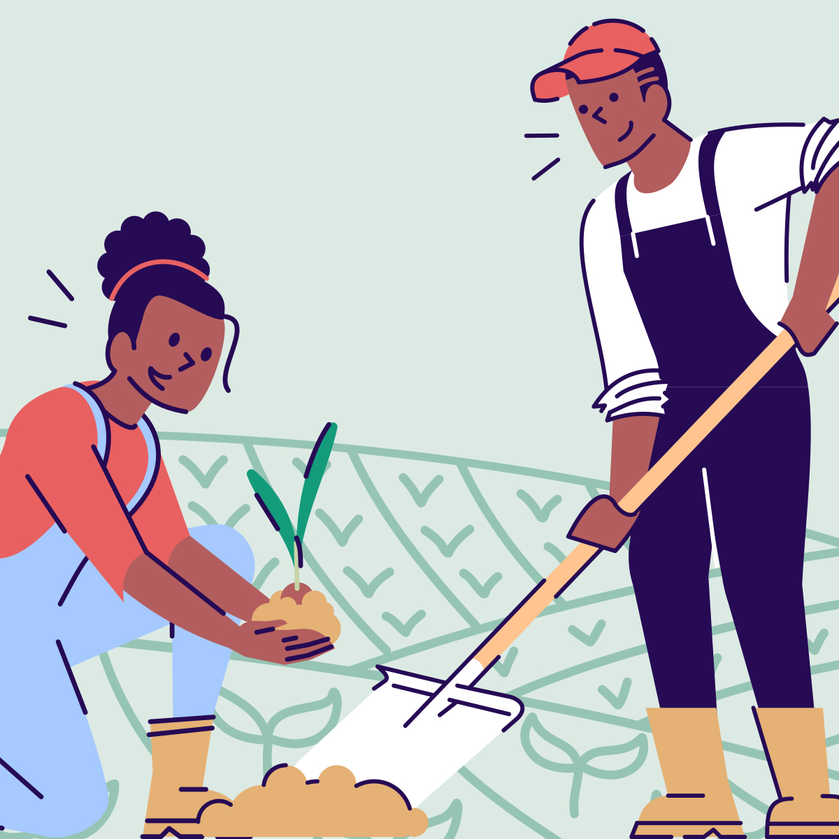 Square crop of a flat-style illustration showing two Black farmers planting a seedling in a field, used as the featured image for the Farmer's Food as Medicine public health infographic series