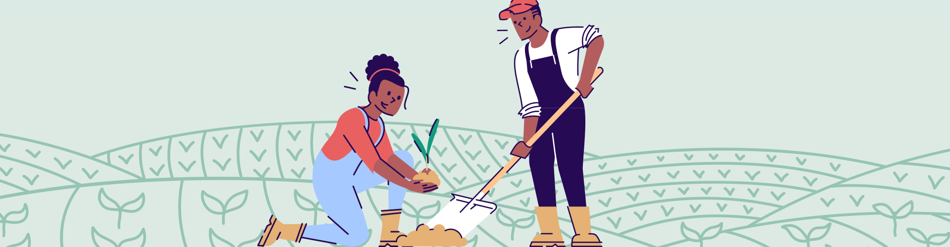 Wide-format banner featuring a flat-style illustration of two farmers planting crops in rolling fields, used as the portfolio page header for the Farmer's Food as Medicine infographic project