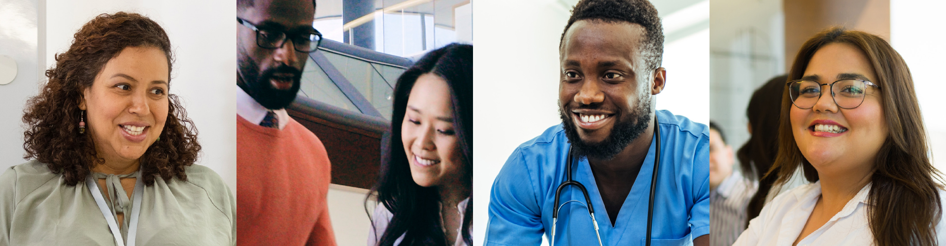 Wide-format banner featuring a four-panel collage of diverse public health and healthcare professionals, used as the header image for the RUHS Equitable Workforce Development report portfolio page