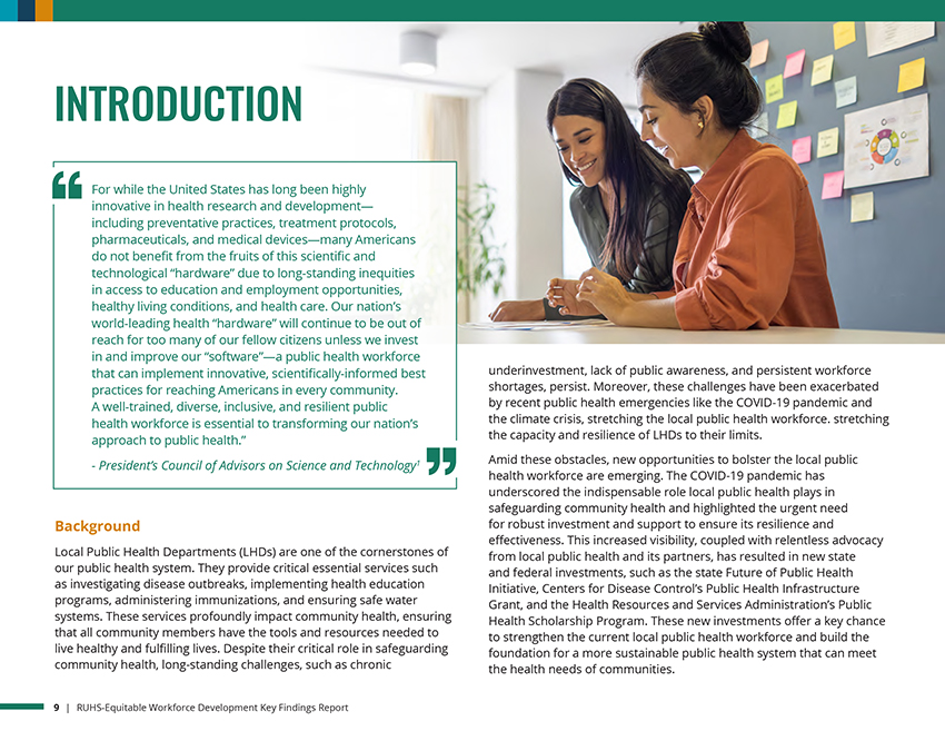 Introduction page from the RUHS Equitable Workforce Development report featuring a pull quote from the President's Council of Advisors on Science and Technology about the importance of a diverse public health workforce