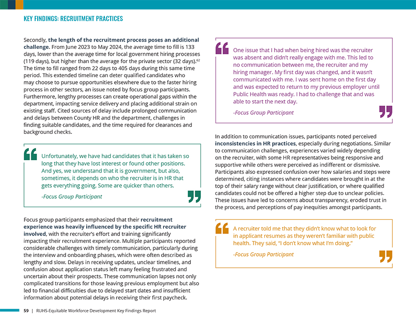 Interior spread from the RUHS report covering key findings on recruitment practices, featuring focus group participant pull quotes about lengthy hiring timelines and inconsistent HR communication
