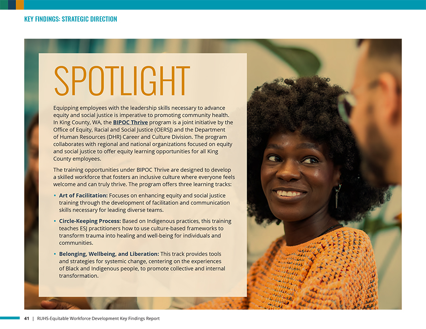 Spotlight page from the RUHS report's Strategic Direction section highlighting the BIPOC Thrive program in King County, WA, featuring three equity-focused learning tracks for government employees