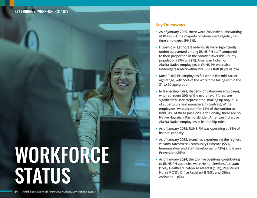 Workforce Status section title page from the RUHS report featuring key takeaways on staff demographics, vacancy rates, and representation gaps among Hispanic and Native American employees in leadership roles