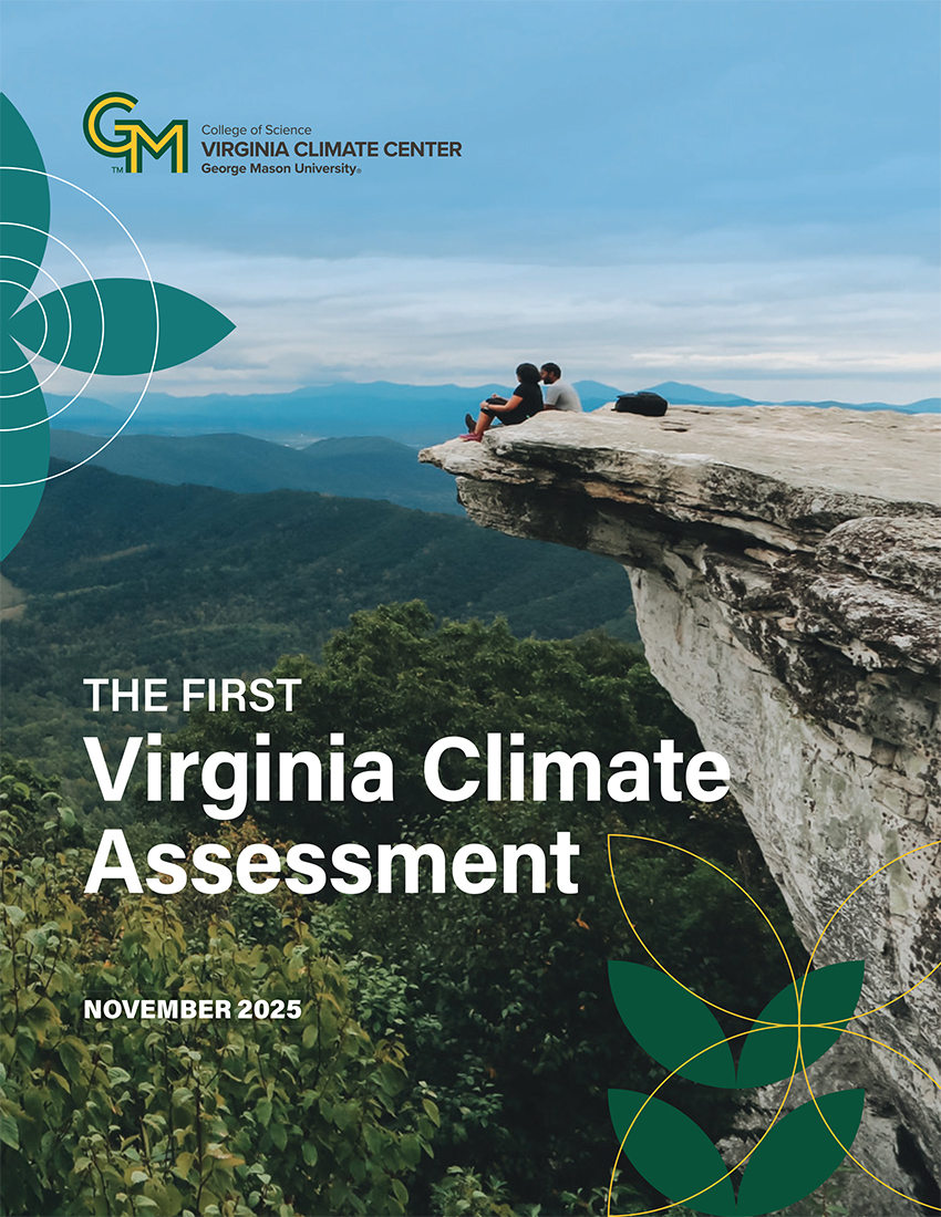 Cover of the First Virginia Climate Assessment, November 2025, published by the Virginia Climate Center at George Mason University, featuring two people sitting on a mountain overlook above a lush green Virginia valley