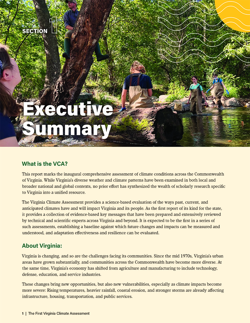 Section 1 opener page from the First Virginia Climate Assessment titled "Executive Summary," featuring researchers wading in a Virginia stream and introductory text explaining the purpose and scope of the VCA