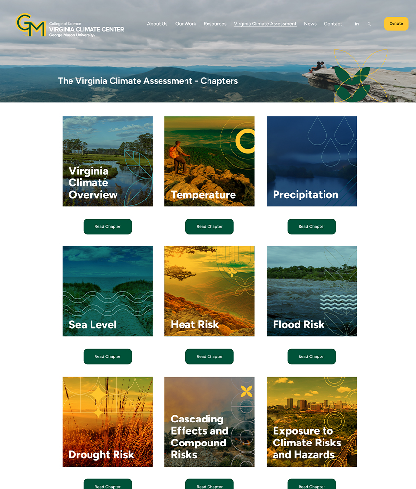 Screenshot of the Virginia Climate Assessment chapters page on the Virginia Climate Center website, showing nine chapter tiles including Virginia Climate Overview, Temperature, Precipitation, Sea Level, Heat Risk, Flood Risk, Drought Risk, Cascading Effects, and Exposure to Climate Risks
